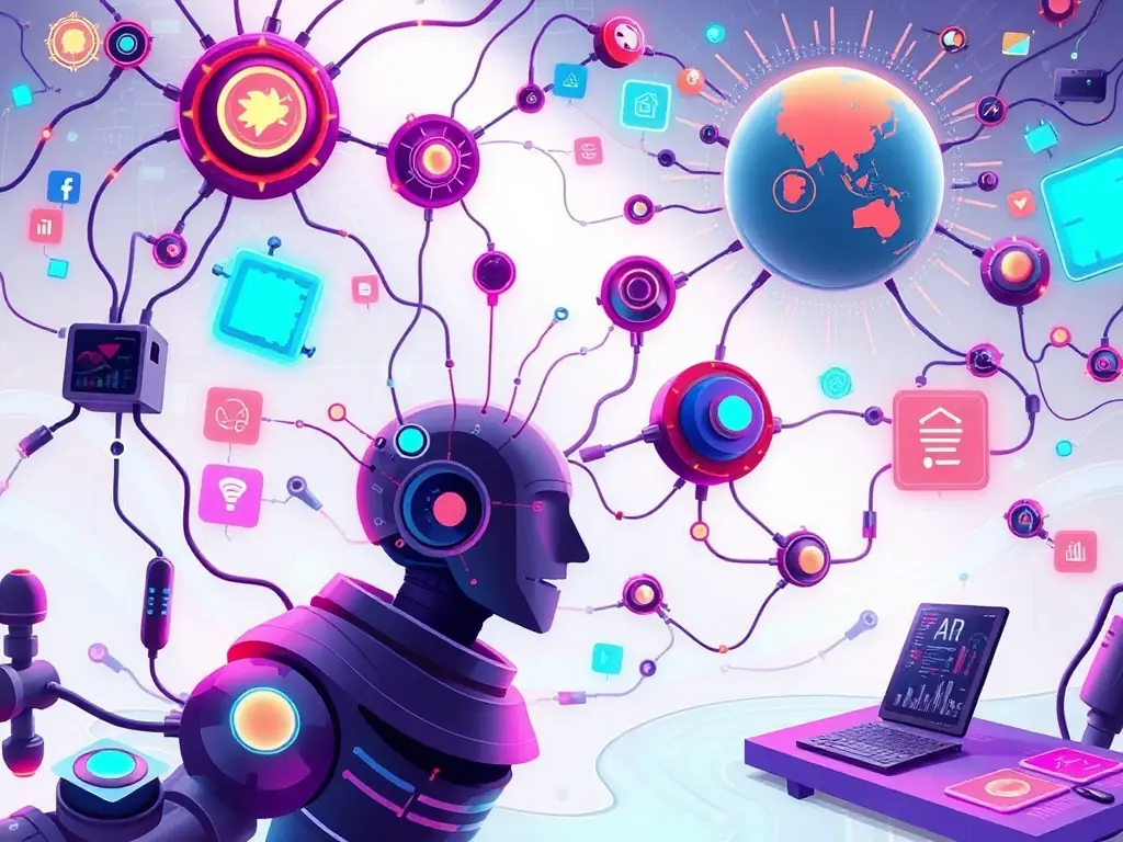 A digital illustration depicting a streamlined media workflow, with data flowing seamlessly between different stages like content creation, editing, and distribution, all under the umbrella of 7Media's solutions.