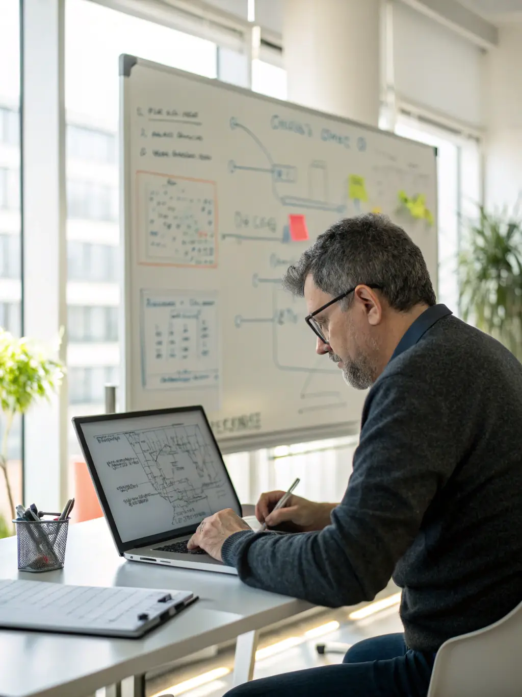 A solutions architect reviewing a complex system diagram on a large monitor, showcasing 7Media's expertise in designing tailored solutions for media professionals.